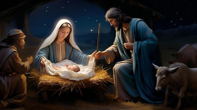 Foto o bebê jesus, maria e josé em um comovente berço de natal para cartões e fundos