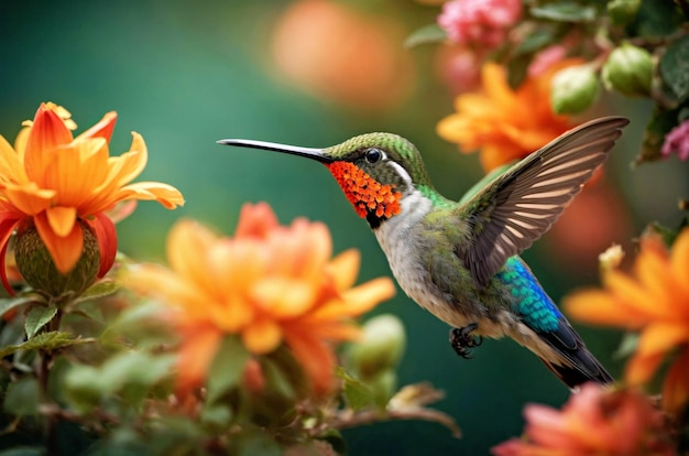 O beija-flor cativado pelas flores vibrantes