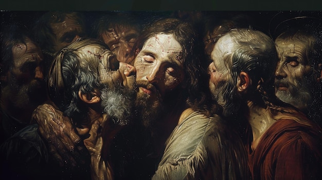 O beijo de Judas retrata dramaticamente a traição bíblica, a tensão e o conflito quando Judas Iscariot trai Jesus com um beijo que simboliza a profundidade espiritual e o simbolismo cristão icônico.