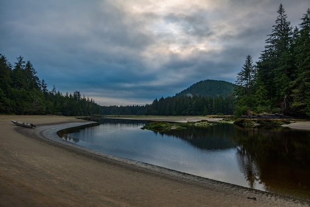 O belo rio San Josef em uma manhã nublada com reflexo no parque provincial de Cape Scott, na ilha de Vancouver, British Columbia, Canadá.
