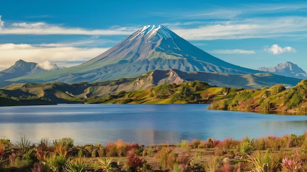 Foto o belo vulcão imbabura e o lago san pablo, no equador