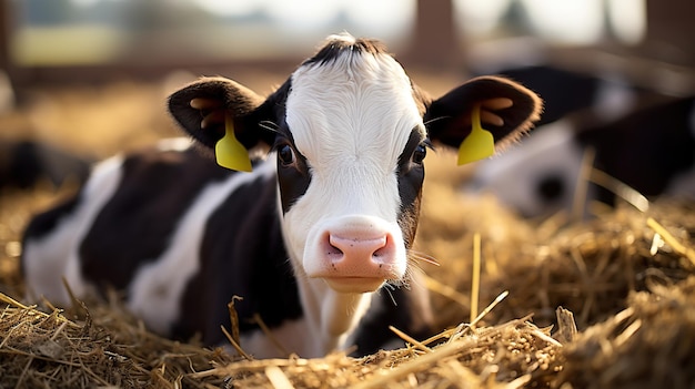 O bezerro de Holstein descansando em palha na fazenda de laticínios