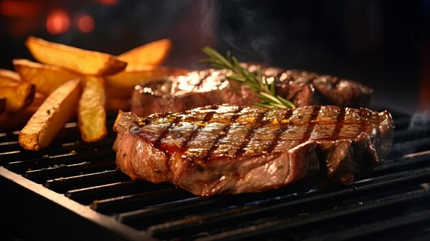 O bife picante é frito com batatas fritas.