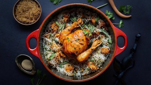 O biryani de frango Dum handi é preparado em uma panela de barro ou barro chamada haandi