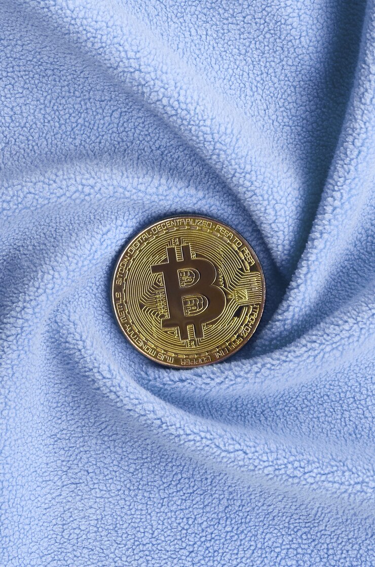 Foto o bitcoin dourado encontra-se em um cobertor feito de tecido de lã azul claro macio e fofo com um grande número de dobras em relevo