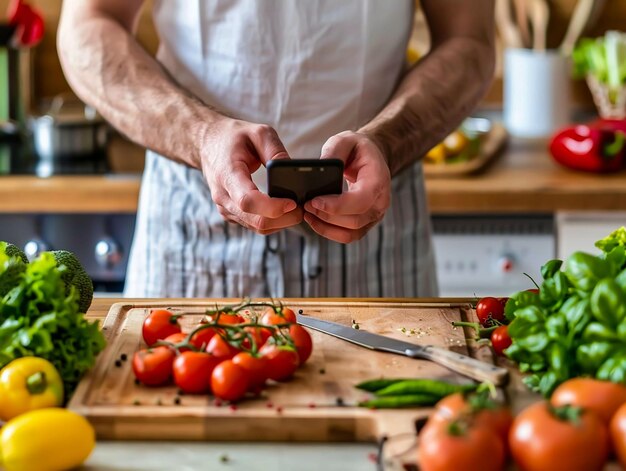 Foto o blogueiro de comida tira fotos de comida de carne assada com legumes frescos no smartphone para o seu blog