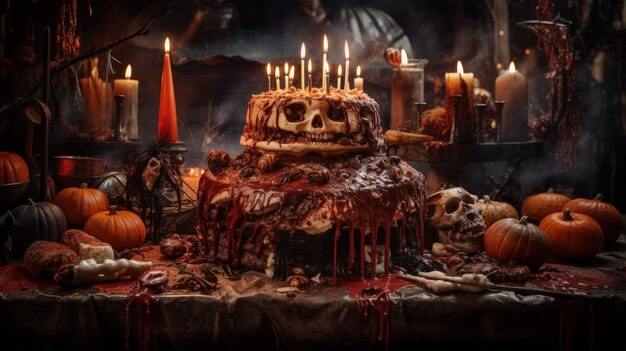 o bolo de halloween um horror culinário com caveiras de abóboras e velas Ai Generated