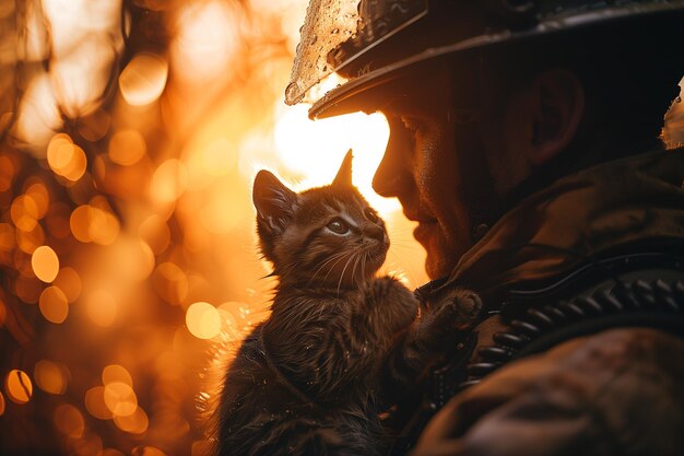 O bombeiro resgata um gatinho e segura-o nos braços Dia Internacional dos Bombeiros