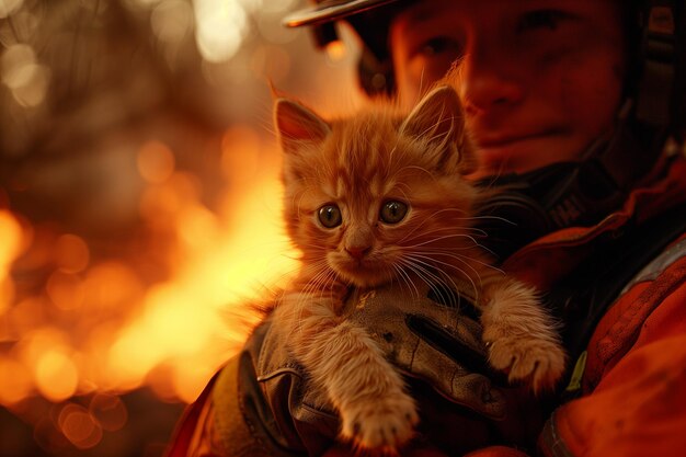 O bombeiro resgata um gatinho e segura-o nos braços Dia Internacional dos Bombeiros