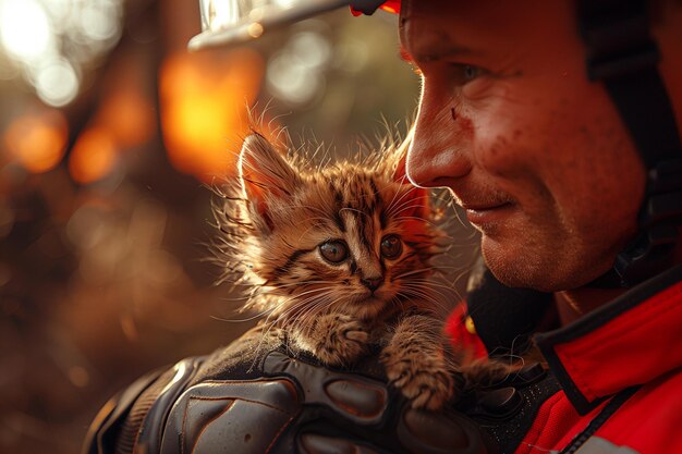 O bombeiro resgata um gatinho e segura-o nos braços Dia Internacional dos Bombeiros