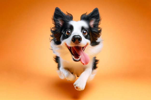 O bonito Border Collie corre com a língua pendurada e grandes olhos protuberantes isolados em um fundo colorido