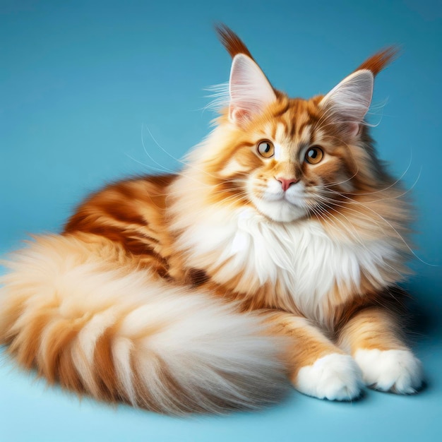 O bonito gato Maine Coon descansou preguiçosamente com sua longa cauda fofa enrolada e olhos brilhantes brilhantes