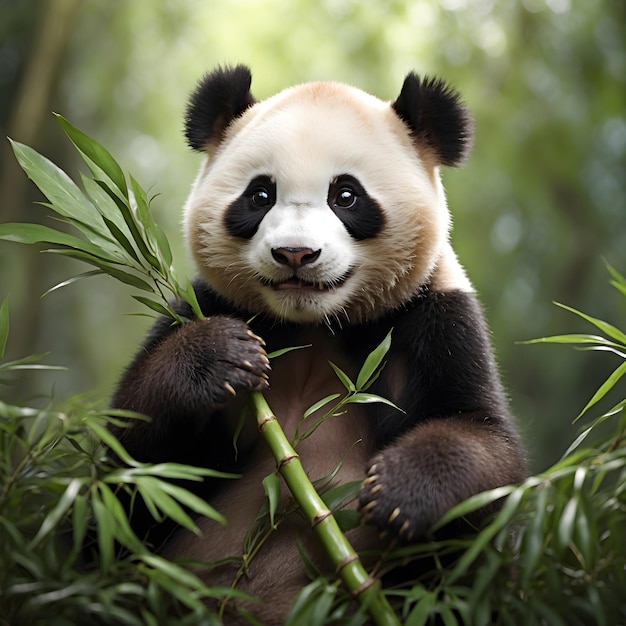 O bonito panda da floresta tropical se alimenta de bambu