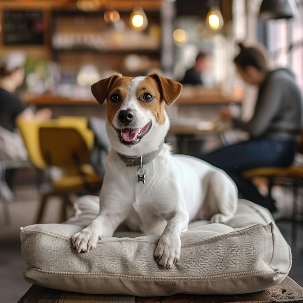 O bonito Parson Russell Terrier está deitado numa almofada num café para animais de estimação.