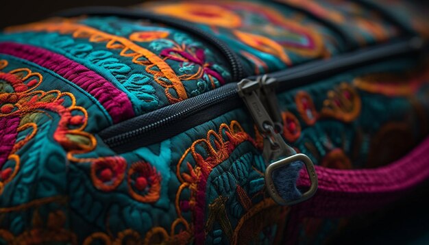 Foto o bordado ornamentado decora a velha bolsa de viagem de couro para a viagem cultural gerada pela inteligência artificial