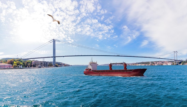 O bósforo em linha reta com um navio o palácio beylerbeyi e a ponte do bósforo istambul