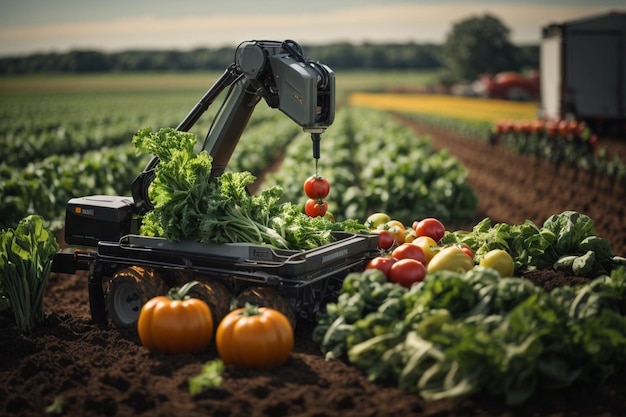 O braço robótico da agricultura de precisão que colhe vegetais simboliza o arco da automação agrícola