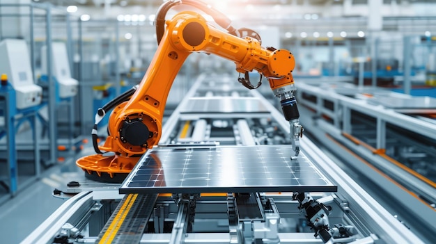 O braço robótico industrial laranja na linha de produção da Modern Bright Factory Os painéis solares estão a ser montados num transportador