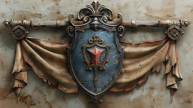 O brasão do escudo é ilustrado em uma decoração de bandeira de rolo antigo