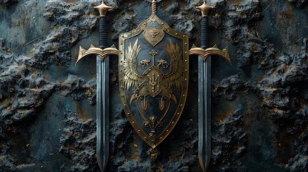 O brasão heráldico das espadas rúnicas com escudos dourados em 3D