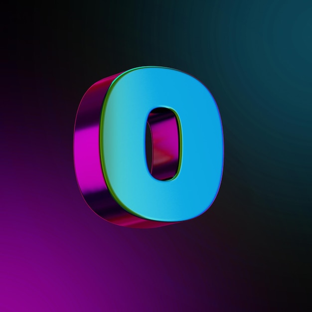 o Brief Neonfarbenes Metall 3D-gerenderte Illustration blau und lila Farbe isoliert. 3D-Darstellung