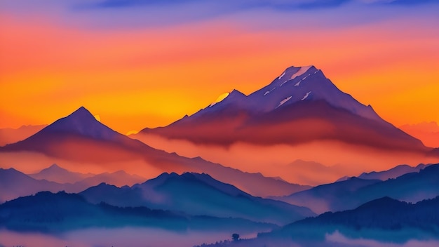 O brilho carmesim do pôr-do-sol refletindo-se nos picos das montanhas nevadas Uma imagem de eternidade e beleza na natureza Ilustração de aquarela gerada pela IA
