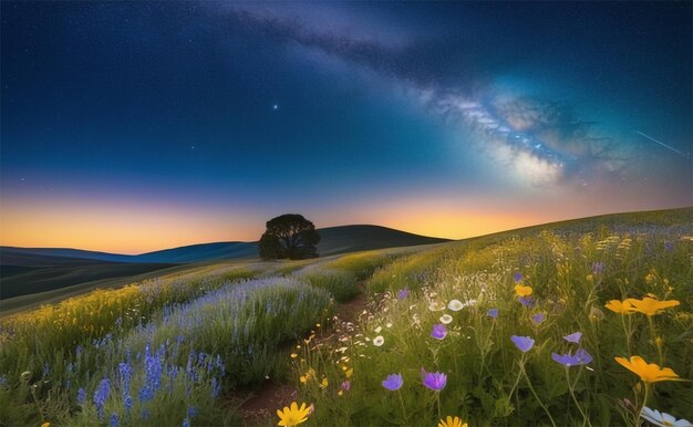 O brilho celestial sobre o campo de flores silvestres Uma cena mágica e surrealista