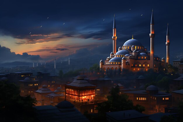 O brilho da mesquita no céu da meia-noite à luz da lua