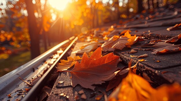 O brilho de outono num telhado com folhas caídas ao pôr-do-sol