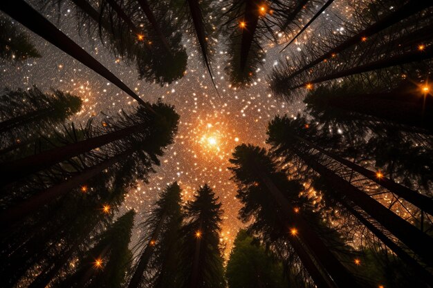 O brilho de uma fogueira visto através de um dossel da floresta