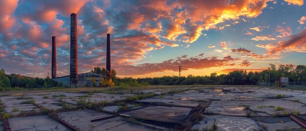 O brilho do pôr-do-sol nas chaminés industriais abandonadas