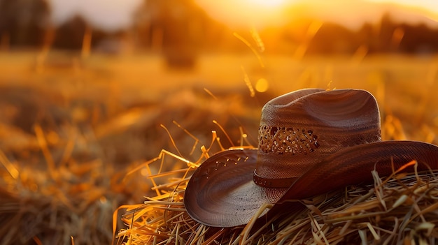 Foto o brilho do pôr-do-sol no chapéu de cowboy em cima do saco de feno ai gerado