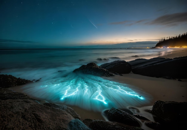 o brilho encantador de organismos bioluminescentes ao longo de uma paisagem de praia iluminada pela lua papel de parede