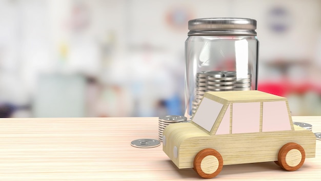 O brinquedo de madeira do carro e as moedas de jarro para salvar o conceito de renderização em 3d