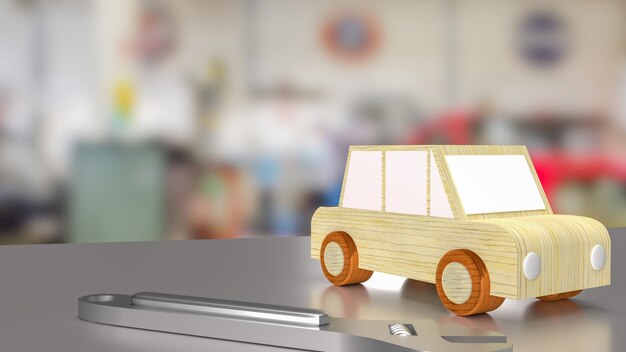 O brinquedo do carro na mesa na garagem para serviços de garagem ou renderização em 3d de conceito de automóveis