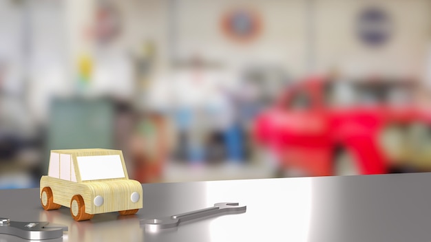O brinquedo do carro na mesa na garagem para serviços de garagem ou renderização em 3d de conceito de automóveis