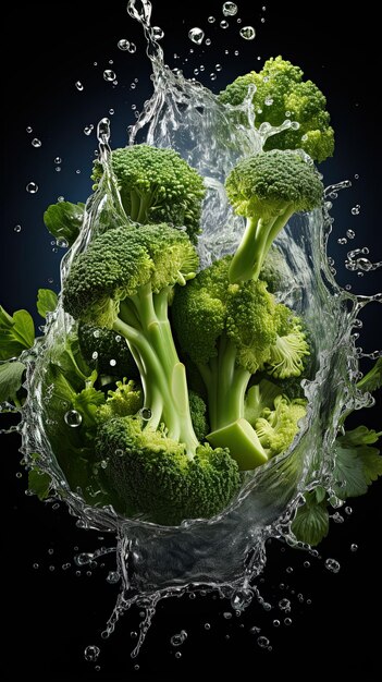 Foto o brócolis está a ser salpicado com água e bolhas.