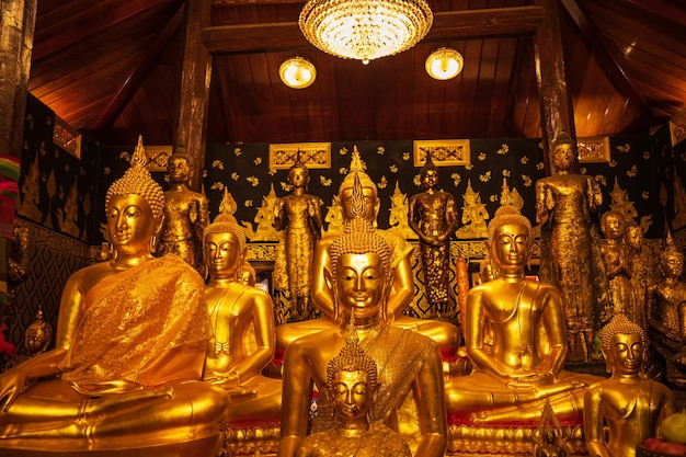 O buda do grupo dourado enfrenta a meditação da estátua sentado com um fundo de Buda dourado para cima e para baixo