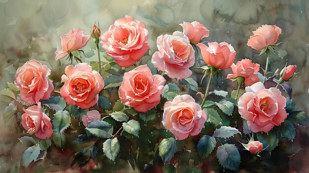 O buquê de rosas é pintado em aquarela