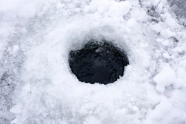 o buraco no gelo para pesca no gelo.