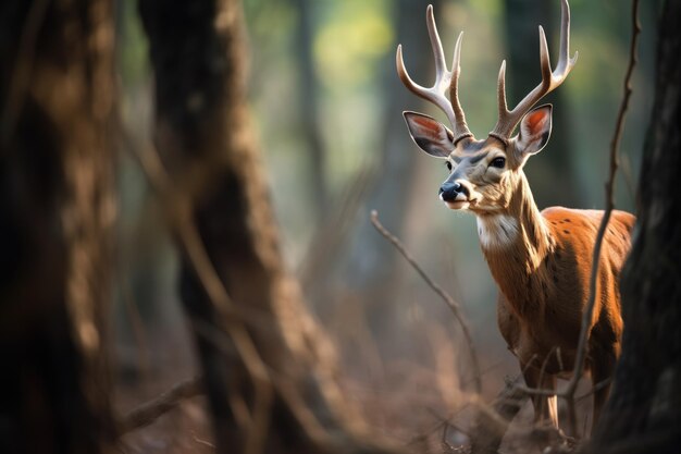 O bushbuck nas sombras das altas árvores da floresta