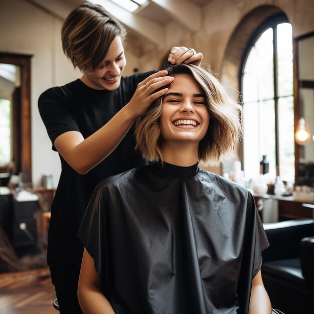 Foto o cabeleireiro está a cortar o cabelo.