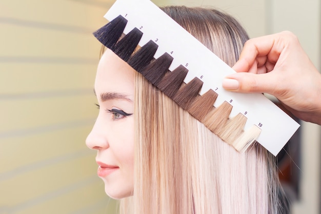 Foto o cabeleireiro seleciona a cor do cabelo na paleta do catálogo