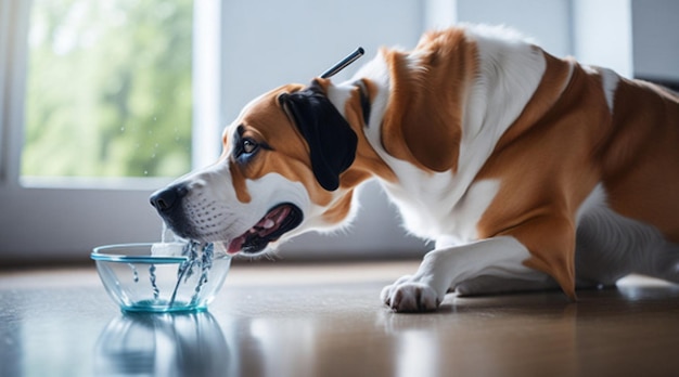 O cachorro bebe água de uma tigela em um cachorrinho beagle iluminado na cozinha