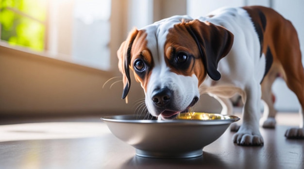 O cachorro comendo de uma tigela em uma sala iluminada cachorrinho beagle na tigela