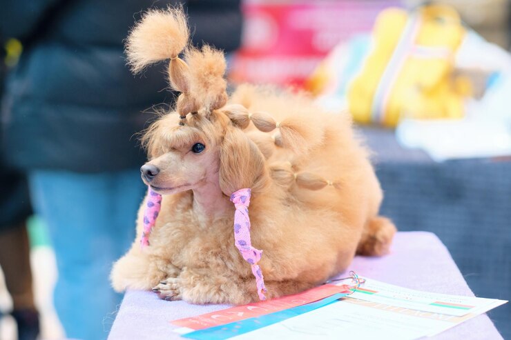 Foto o cachorro é um mini poodle de cor damasco com crina deitada para todos os dias