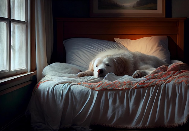 O cachorro está dormindo na cama