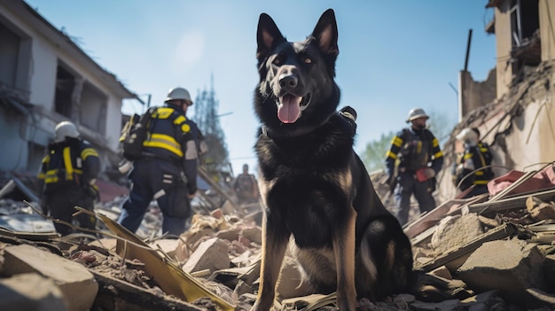 O cachorro está procurando pessoas sob as casas destruídas