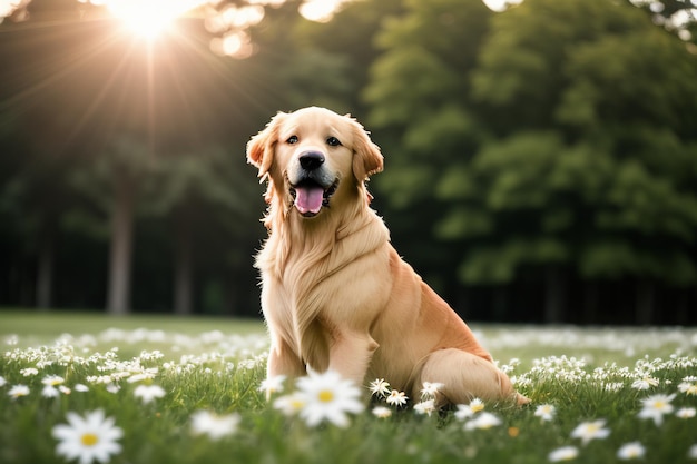 O cachorro fofo está deitado na grama brincando com flores Golden Labrador, cachorro grande, leal e inteligente