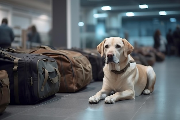 O cachorro Labrador senta-se perto das malas e bagagens no aeroporto viajando com um cachorro